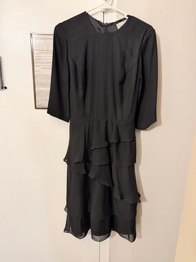 Vintage Black Tiered Ruffle Midi Dress with 3/4 Sleeves